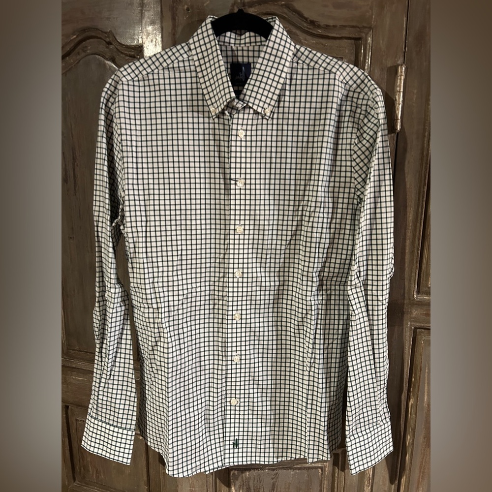 johnnie-O Men's White and Green Grid Shirt